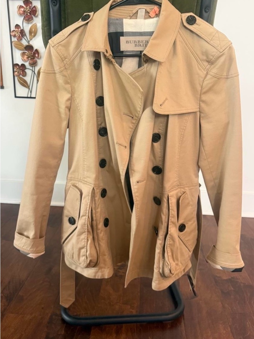 Burberry Khaki Double-Breasted Short Trench Coat